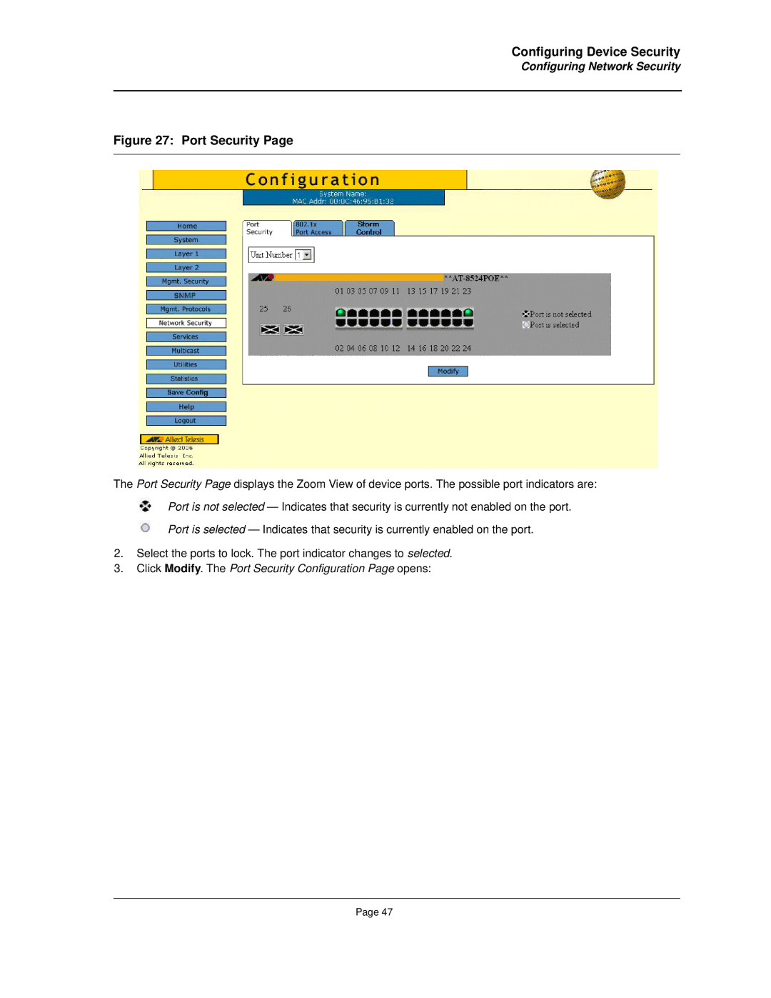 Allied Telesis AT-8000S manual Click Modify. The Port Security Configuration Page opens 