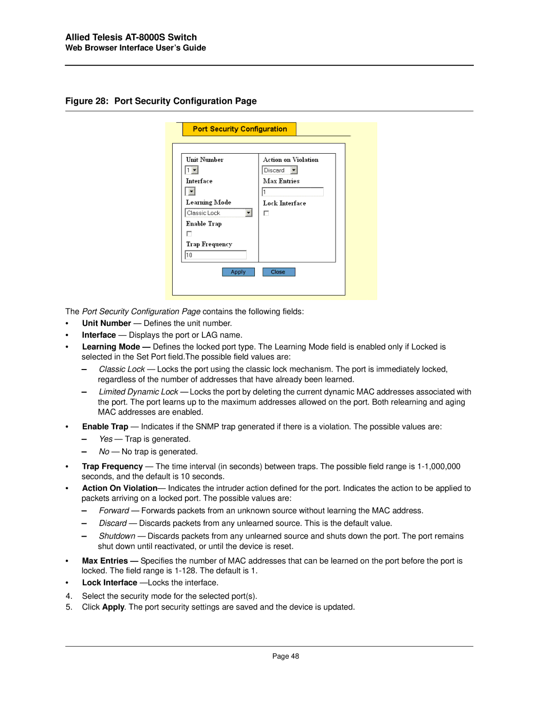 Allied Telesis AT-8000S manual Port Security Configuration 