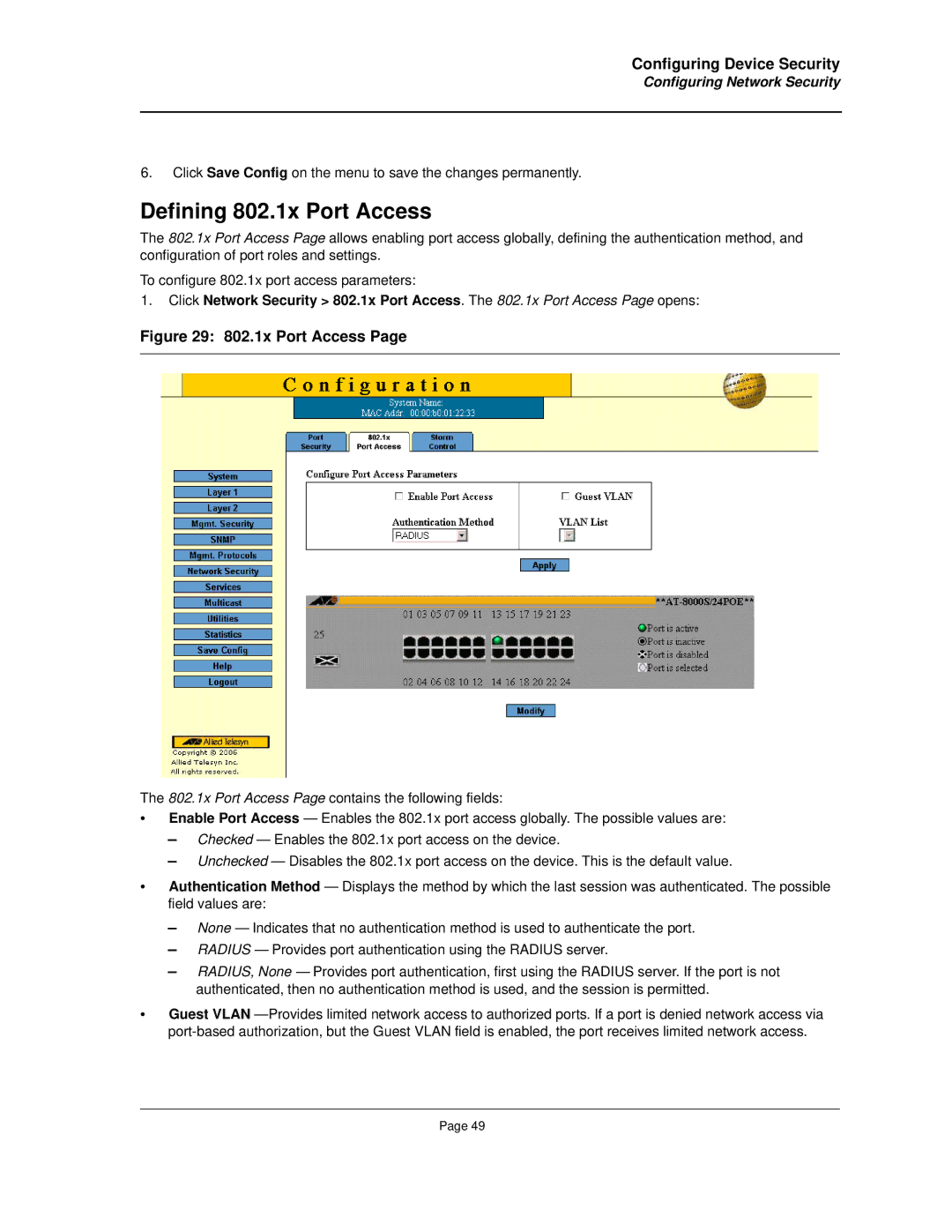 Allied Telesis AT-8000S manual Defining 802.1x Port Access 