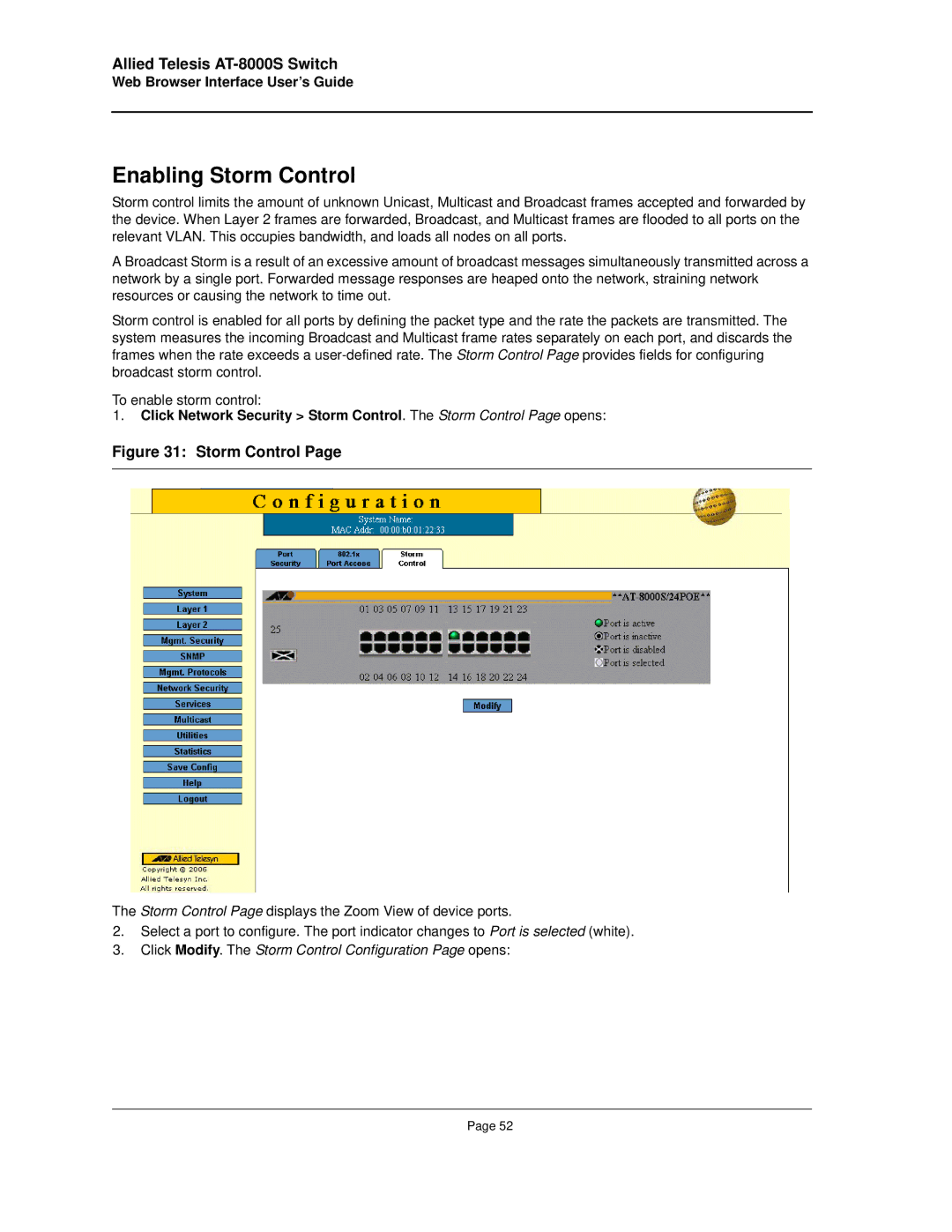 Allied Telesis AT-8000S manual Enabling Storm Control, Click Modify. The Storm Control Configuration Page opens 