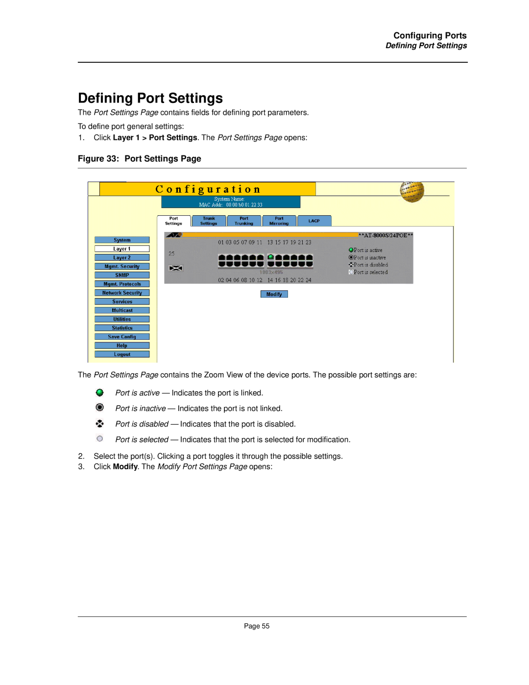 Allied Telesis AT-8000S manual Defining Port Settings, Click Modify. The Modify Port Settings Page opens 