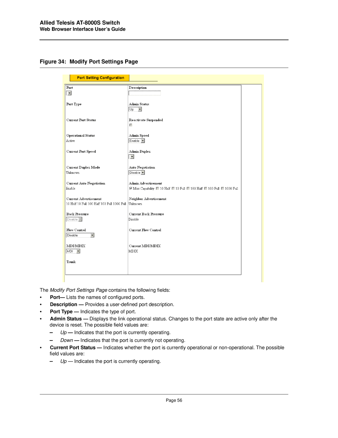 Allied Telesis AT-8000S manual Modify Port Settings 