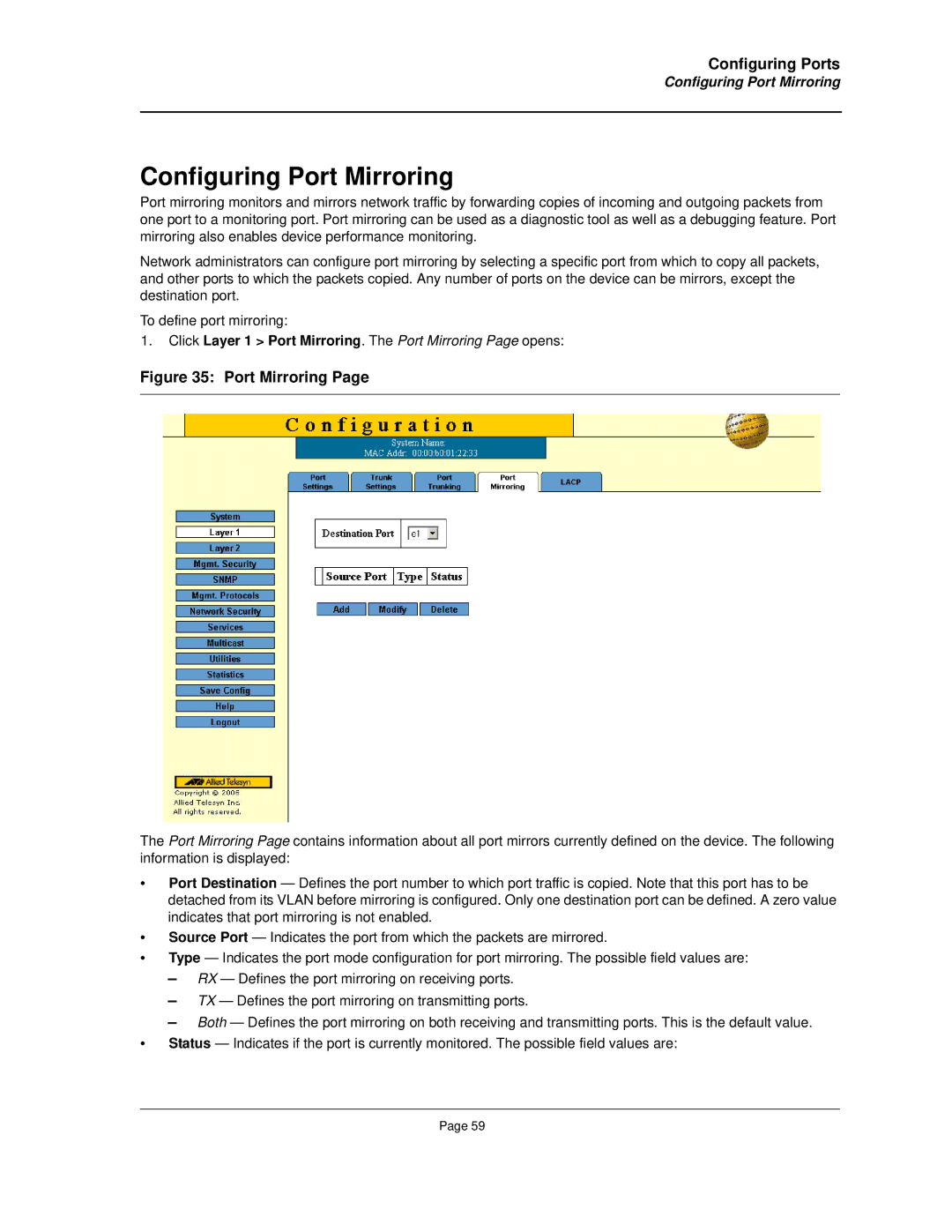 Allied Telesis AT-8000S manual Configuring Port Mirroring, Click Layer 1 Port Mirroring. The Port Mirroring Page opens 