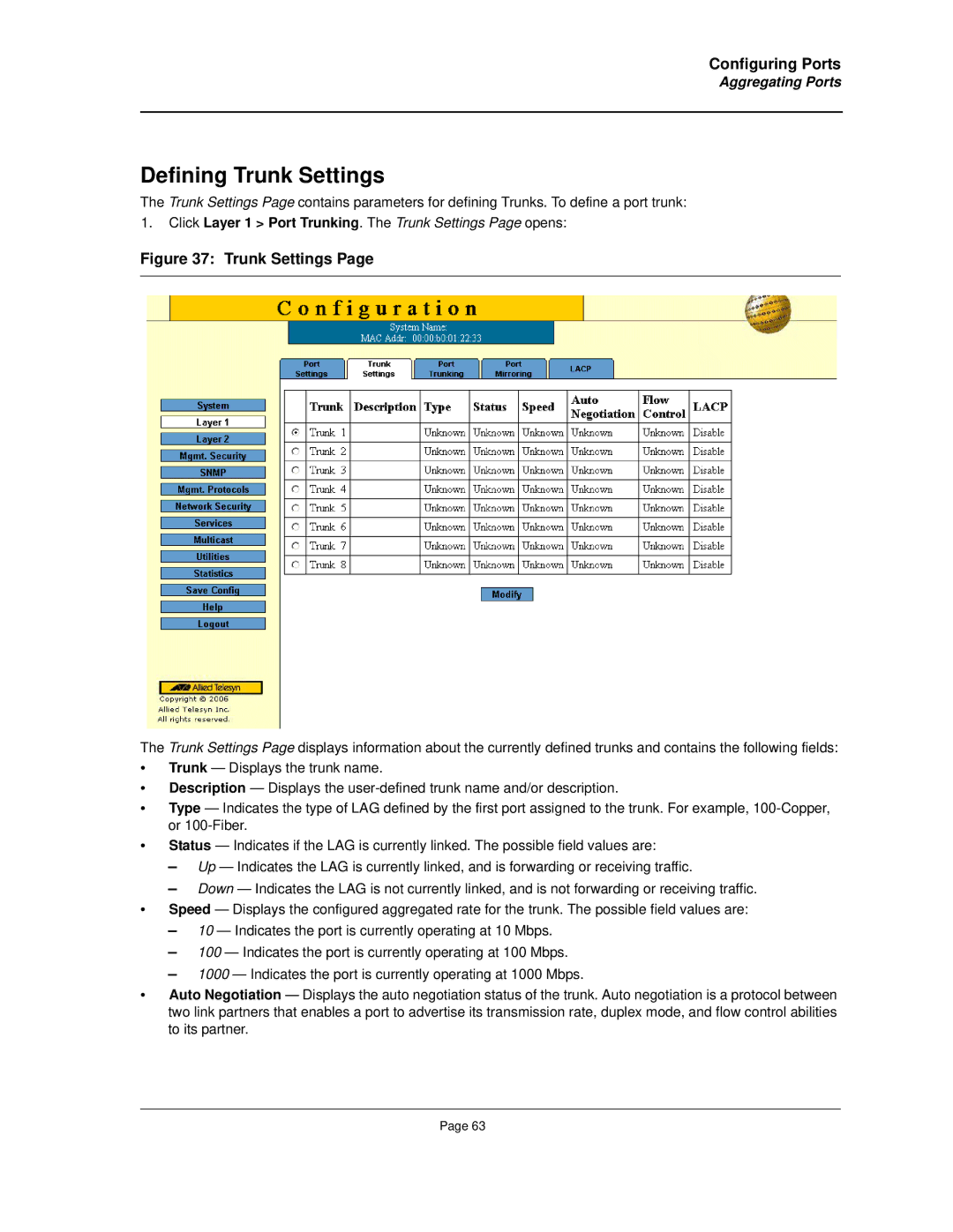 Allied Telesis AT-8000S manual Defining Trunk Settings, Aggregating Ports 