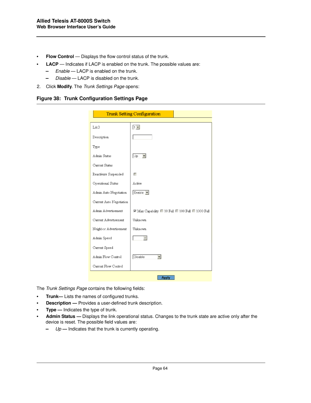 Allied Telesis AT-8000S manual Trunk Configuration Settings, Click Modify. The Trunk Settings Page opens 