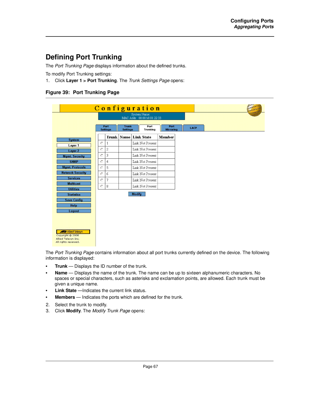 Allied Telesis AT-8000S manual Defining Port Trunking 