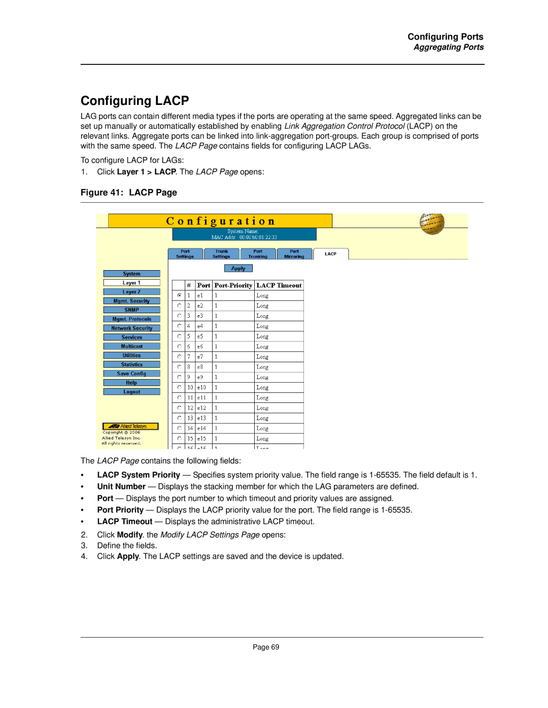 Allied Telesis AT-8000S manual Configuring Lacp, Click Modify. the Modify Lacp Settings Page opens 