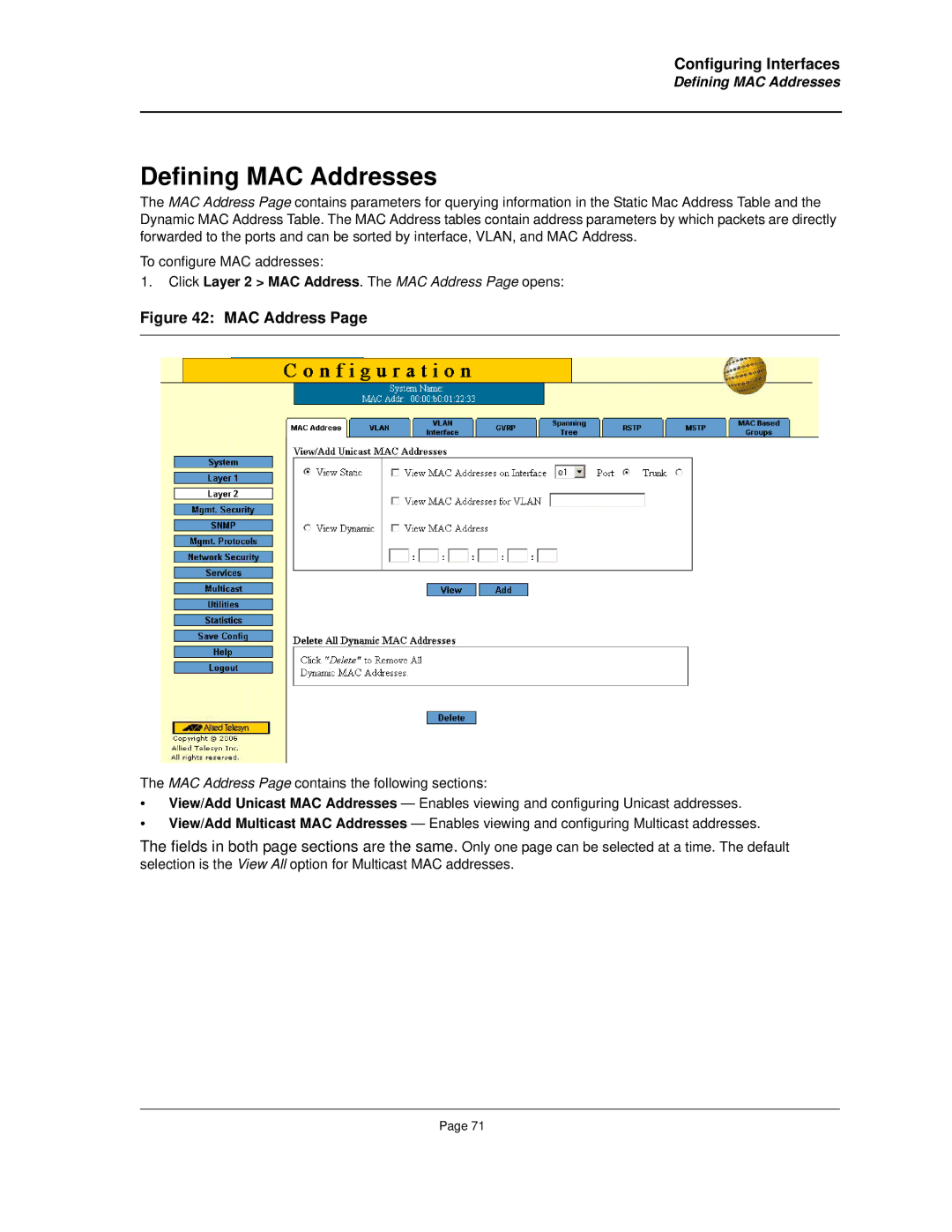 Allied Telesis AT-8000S manual Defining MAC Addresses, Click Layer 2 MAC Address. The MAC Address Page opens 