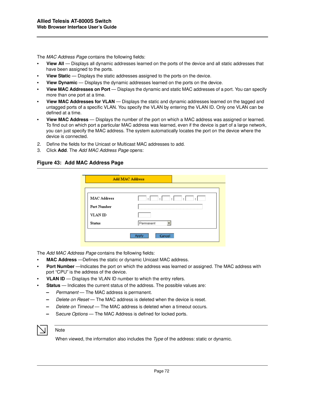 Allied Telesis AT-8000S manual Click Add. The Add MAC Address Page opens 