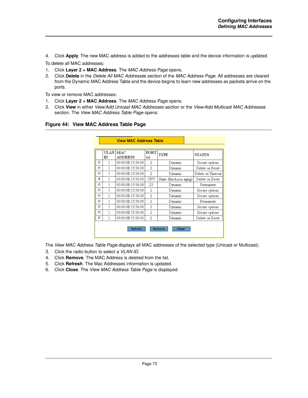 Allied Telesis AT-8000S manual Click Close. The View MAC Address Table Page is displayed 