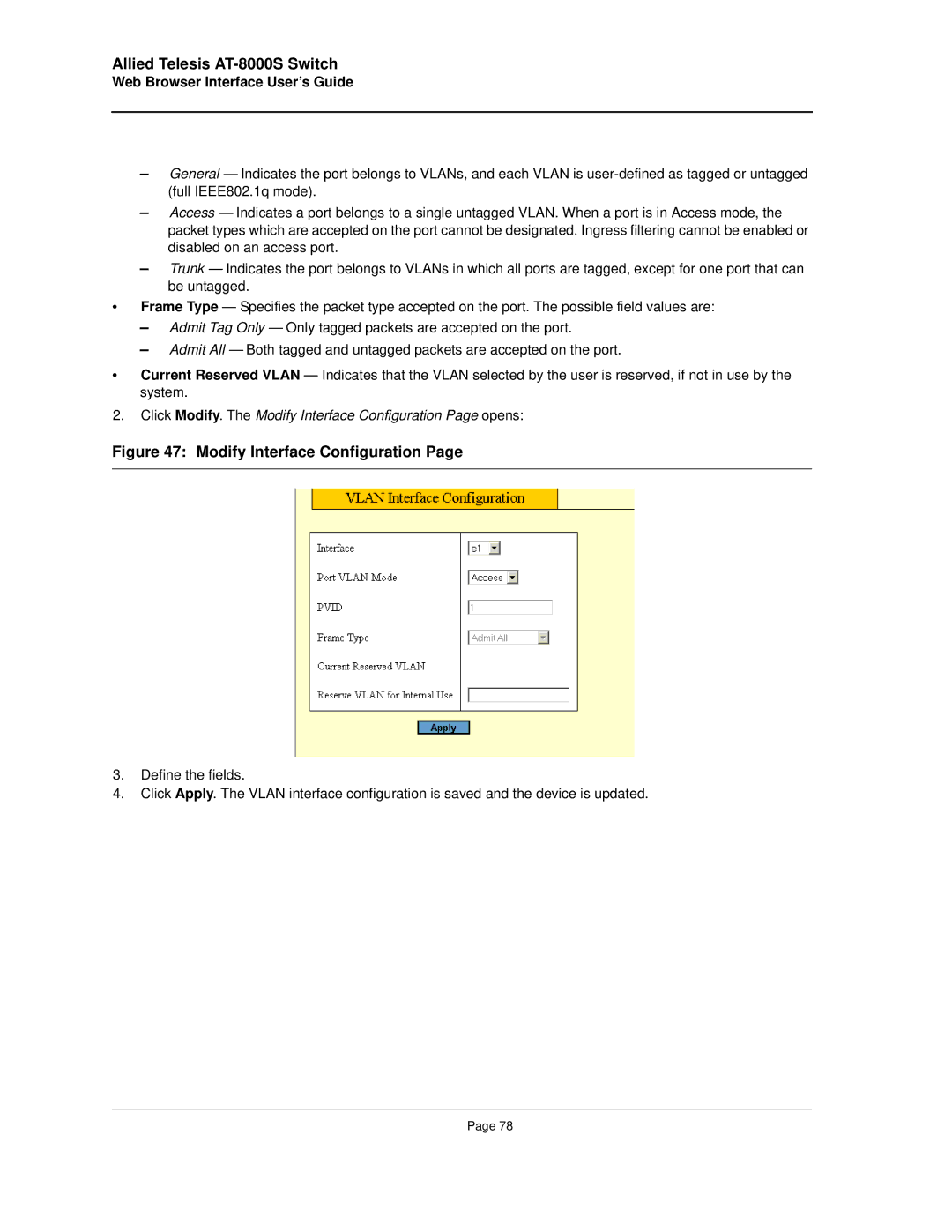 Allied Telesis AT-8000S manual Click Modify. The Modify Interface Configuration Page opens 