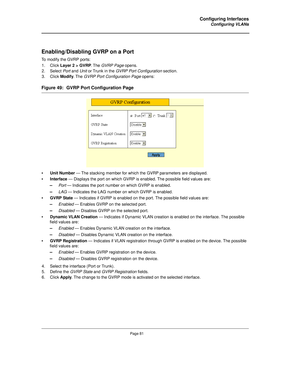 Allied Telesis AT-8000S manual Enabling/Disabling Gvrp on a Port, Define the Gvrp State and Gvrp Registration fields 