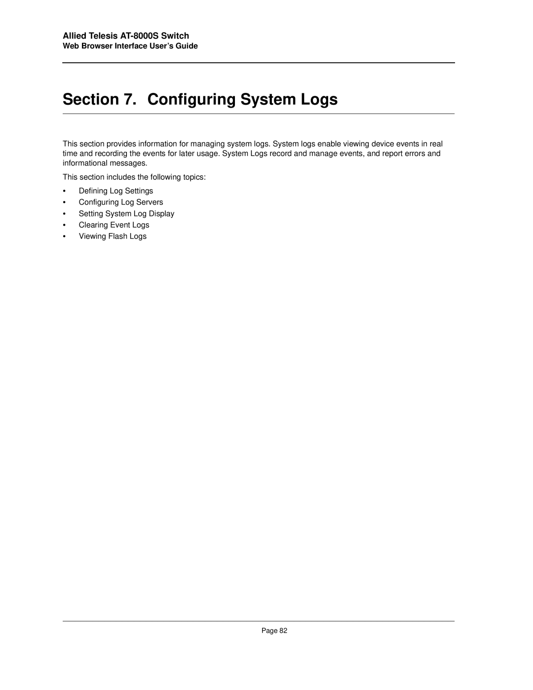 Allied Telesis AT-8000S manual Configuring System Logs 