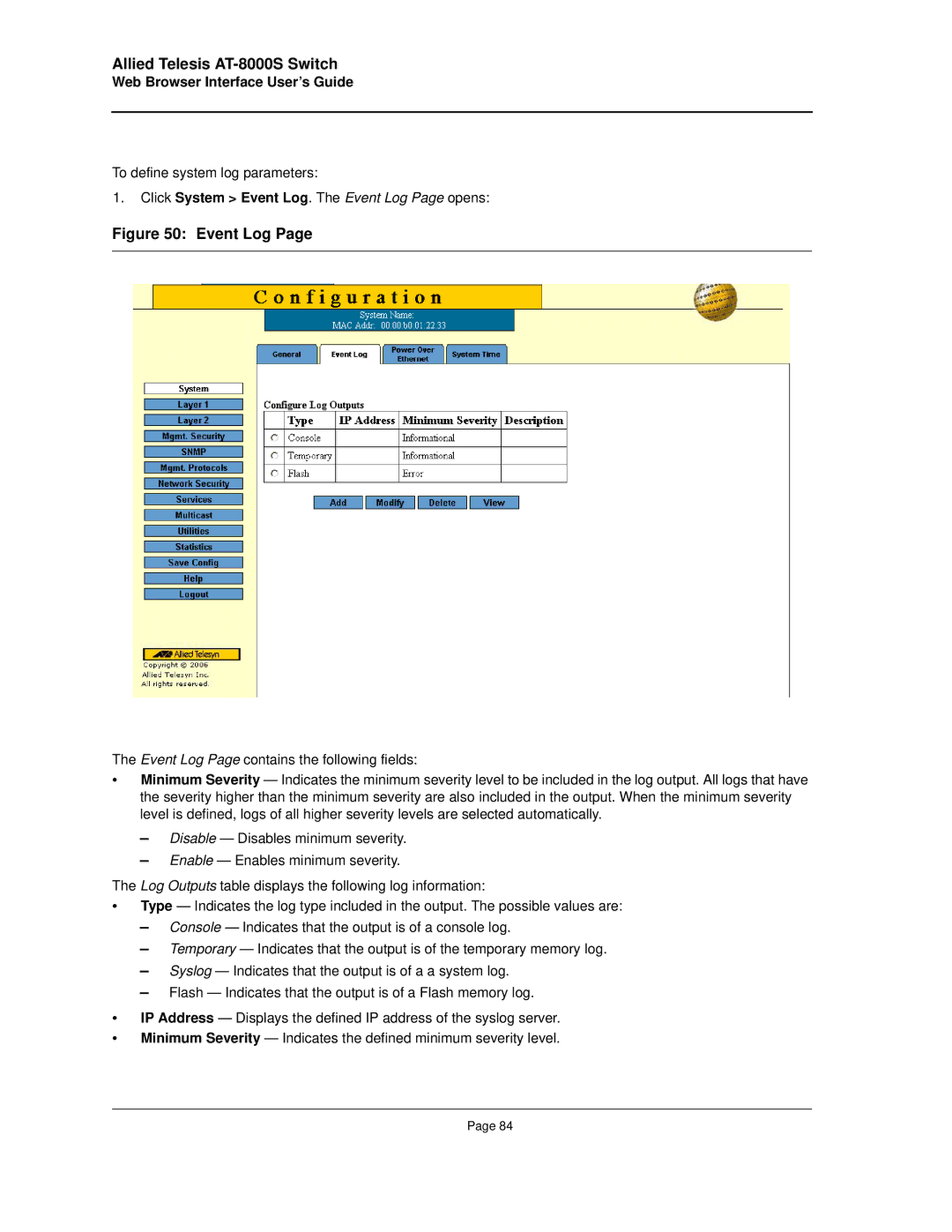 Allied Telesis AT-8000S manual Event Log 