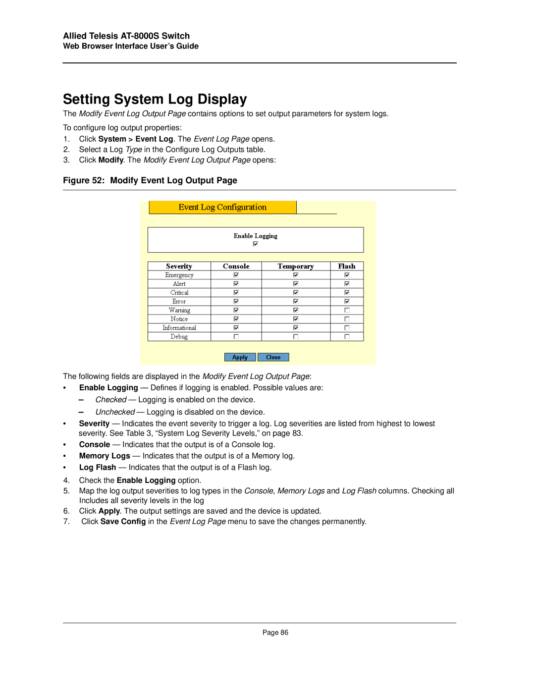 Allied Telesis AT-8000S manual Setting System Log Display, Click Modify. The Modify Event Log Output Page opens 