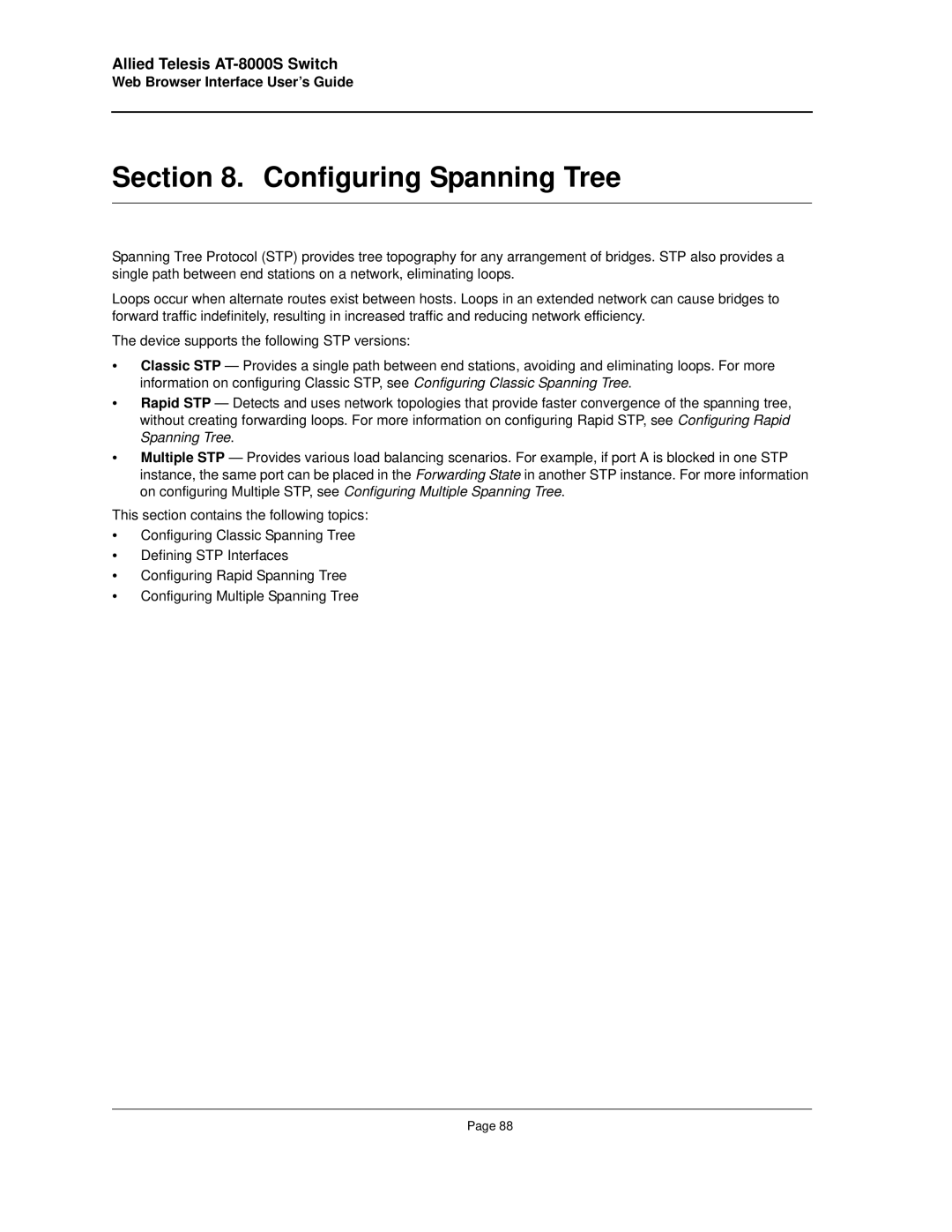 Allied Telesis AT-8000S manual Configuring Spanning Tree 