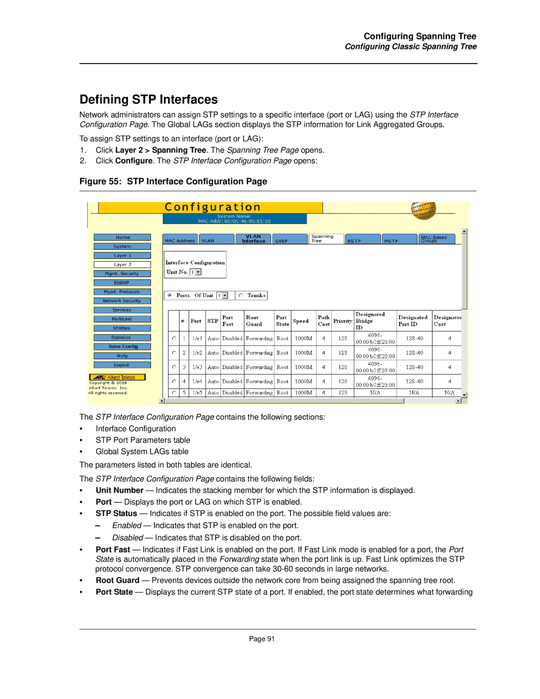 Allied Telesis AT-8000S manual Defining STP Interfaces, Click Layer 2 Spanning Tree. The Spanning Tree Page opens 