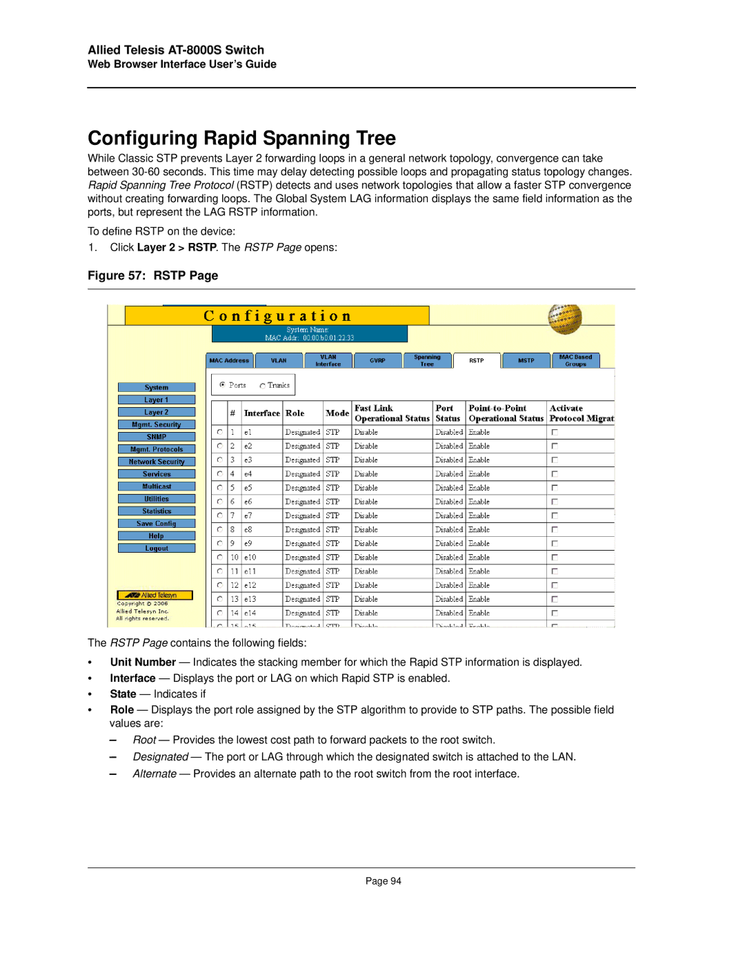 Allied Telesis AT-8000S manual Configuring Rapid Spanning Tree, Rstp 