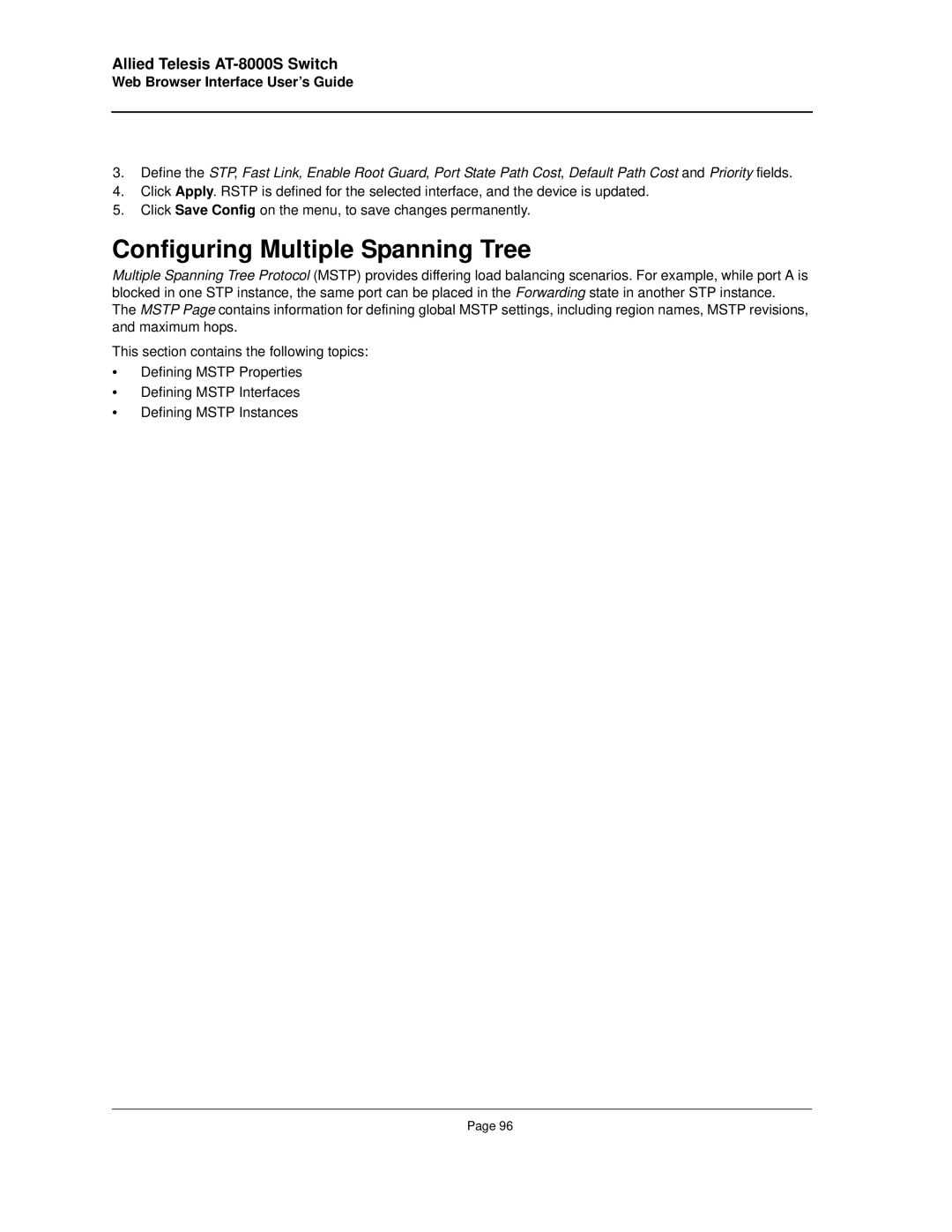 Allied Telesis AT-8000S manual Configuring Multiple Spanning Tree 