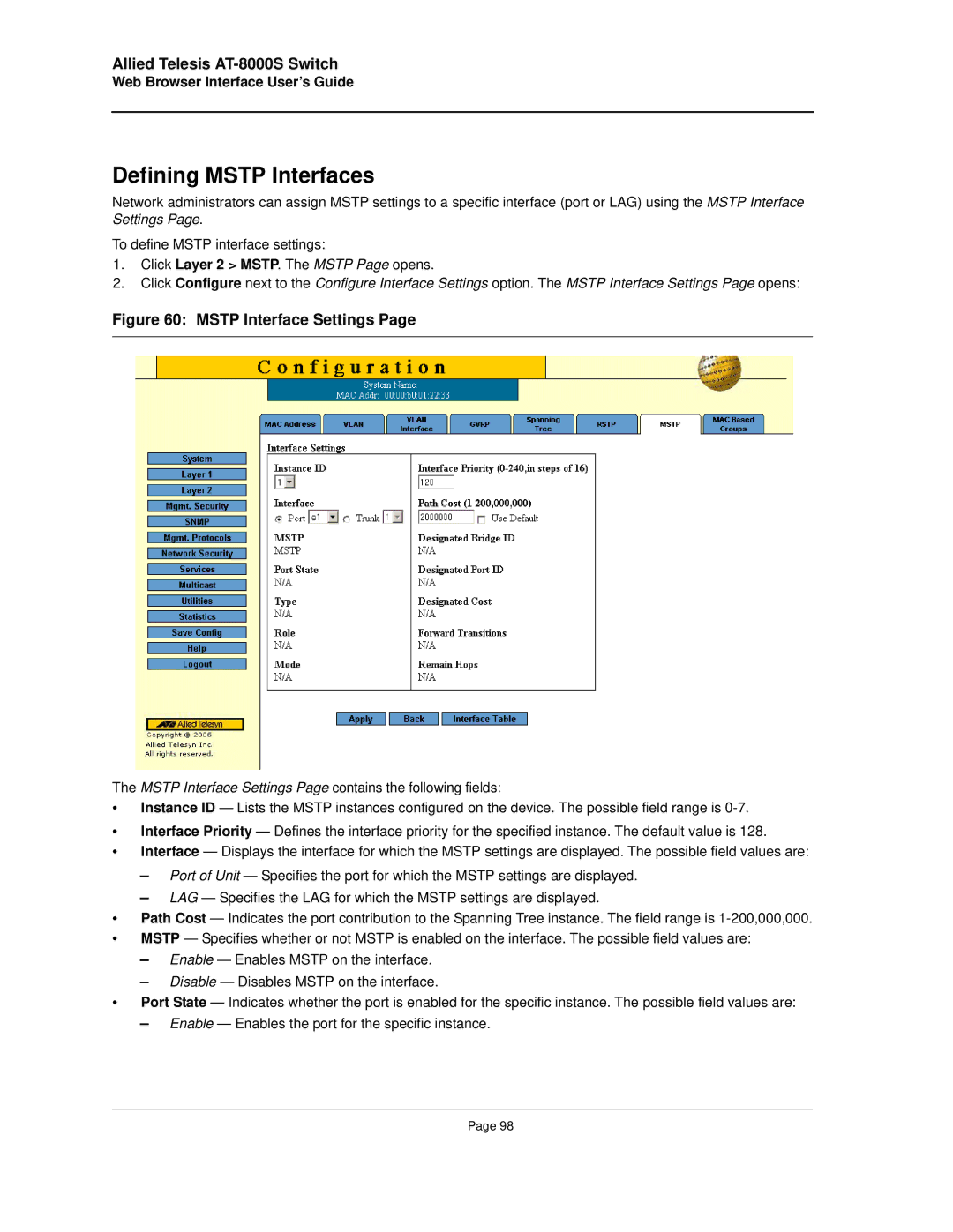 Allied Telesis AT-8000S manual Defining Mstp Interfaces, Mstp Interface Settings 