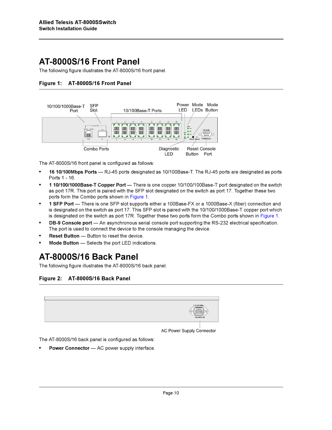 Allied Telesis manual AT-8000S/16 Front Panel, AT-8000S/16 Back Panel 