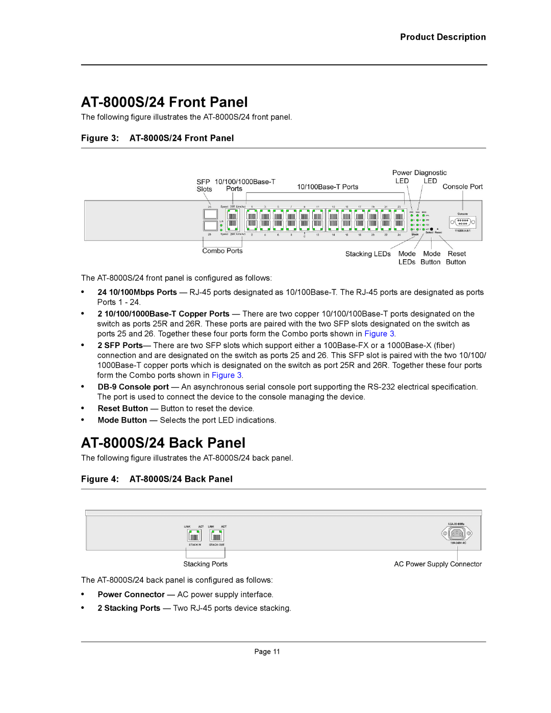 Allied Telesis manual AT-8000S/24 Front Panel, AT-8000S/24 Back Panel 