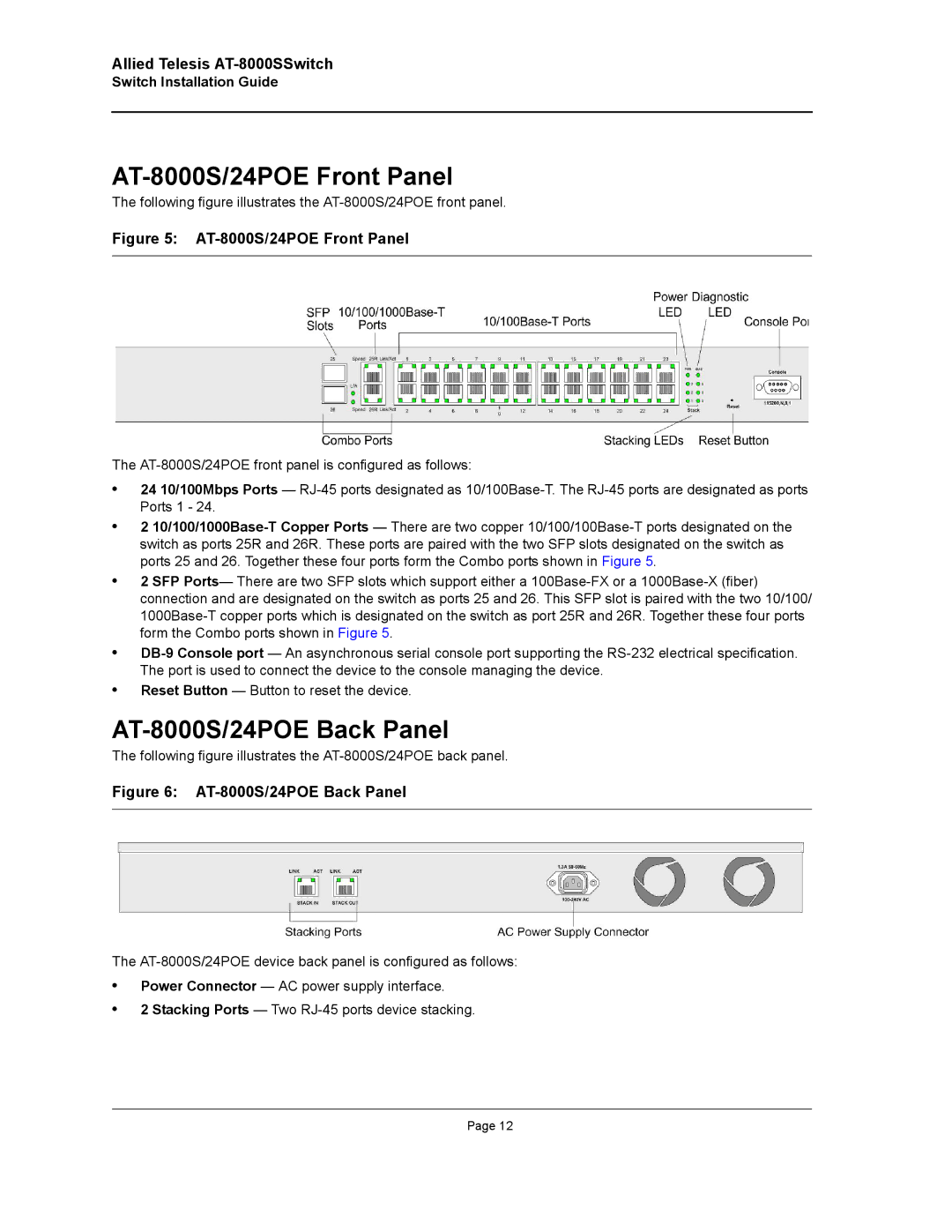 Allied Telesis manual AT-8000S/24POE Front Panel, AT-8000S/24POE Back Panel 