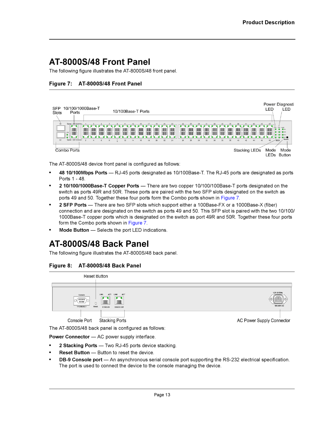 Allied Telesis manual AT-8000S/48 Front Panel, AT-8000S/48 Back Panel 