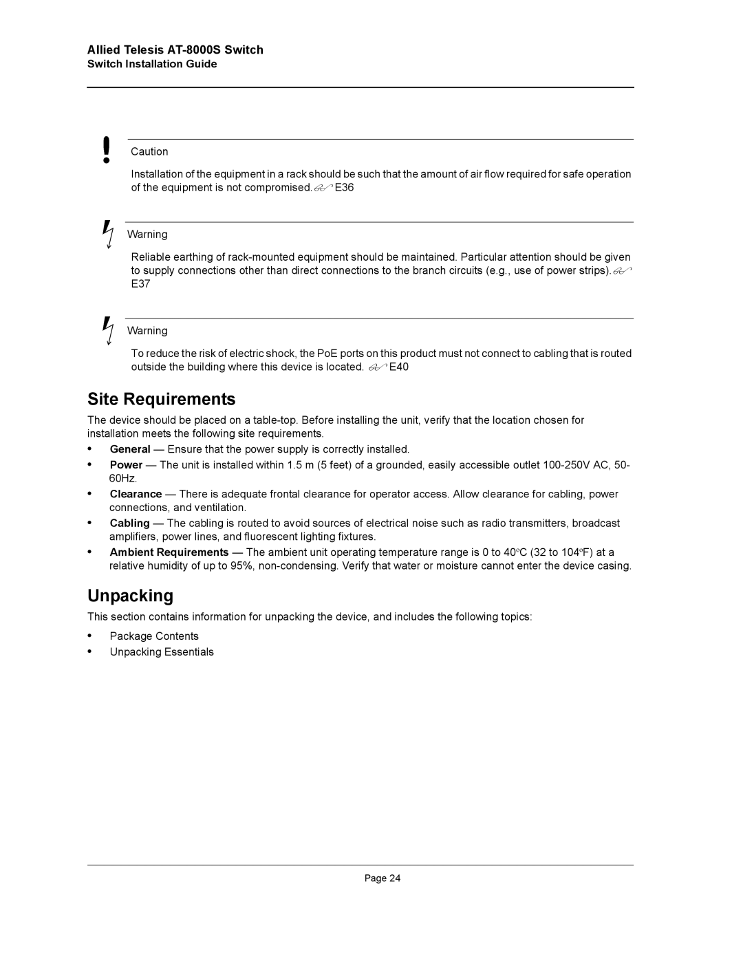 Allied Telesis AT-8000S manual Site Requirements, Unpacking 