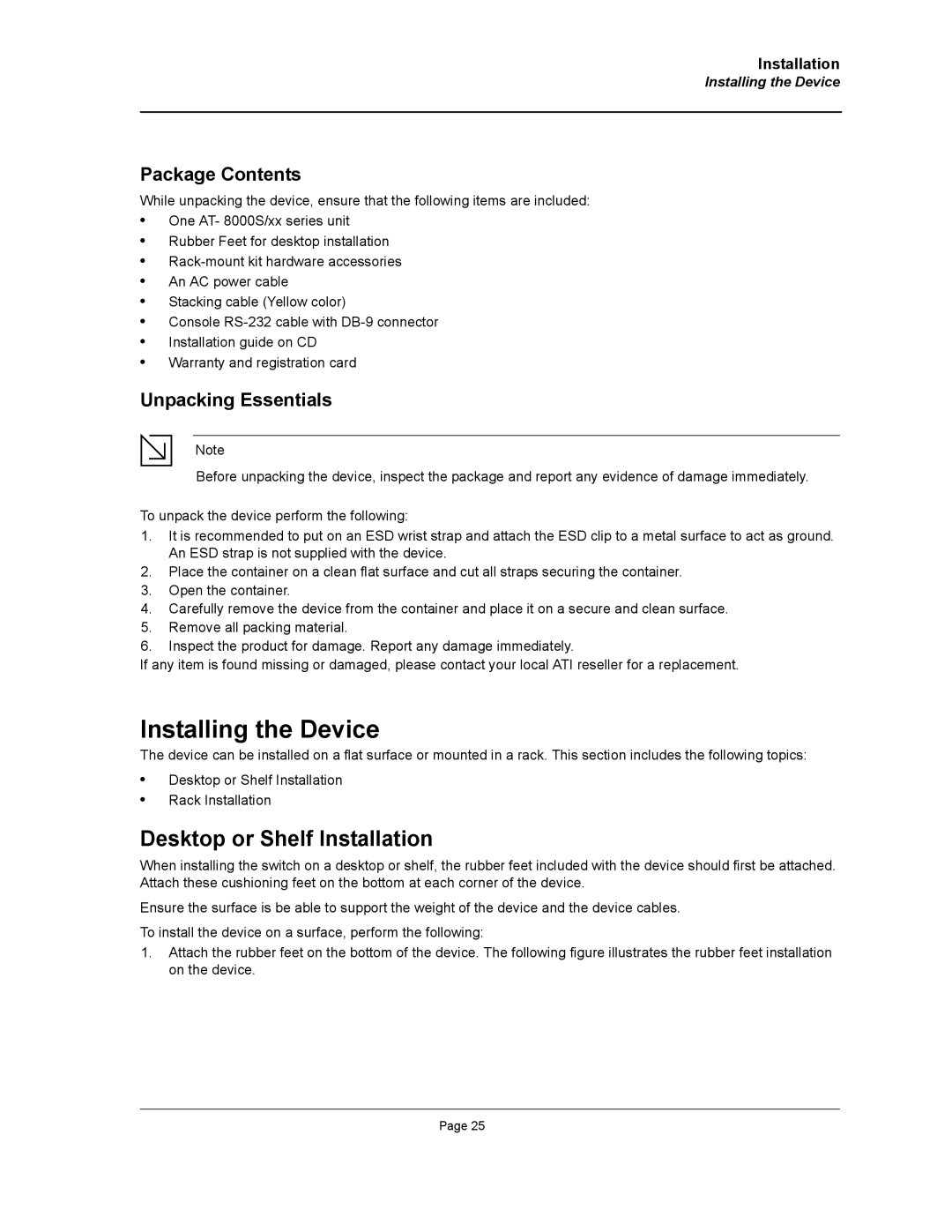 Allied Telesis AT-8000S manual Installing the Device, Desktop or Shelf Installation, Package Contents, Unpacking Essentials 