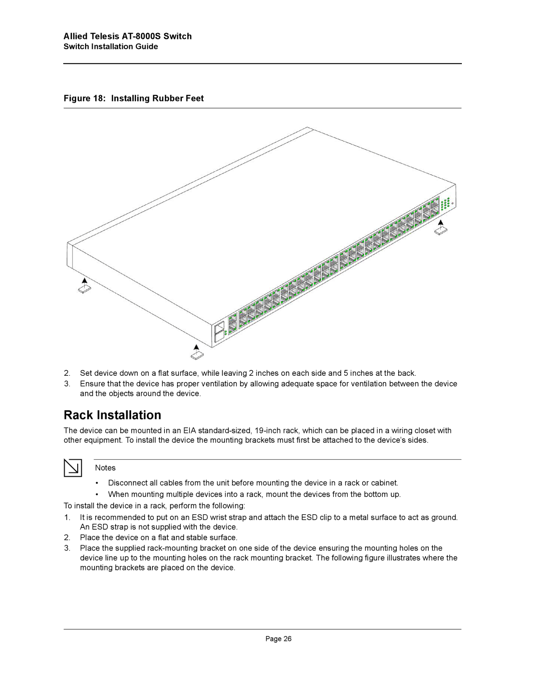 Allied Telesis AT-8000S manual Rack Installation, Installing Rubber Feet 