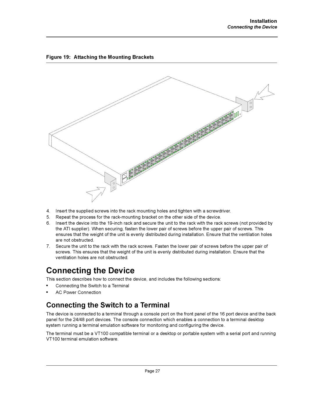 Allied Telesis AT-8000S manual Connecting the Device, Connecting the Switch to a Terminal 