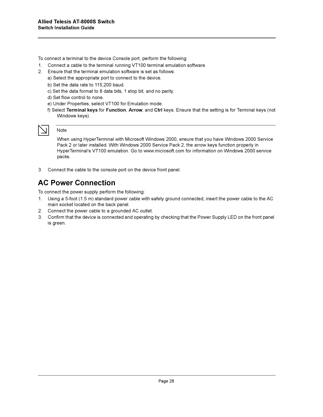 Allied Telesis AT-8000S manual AC Power Connection 