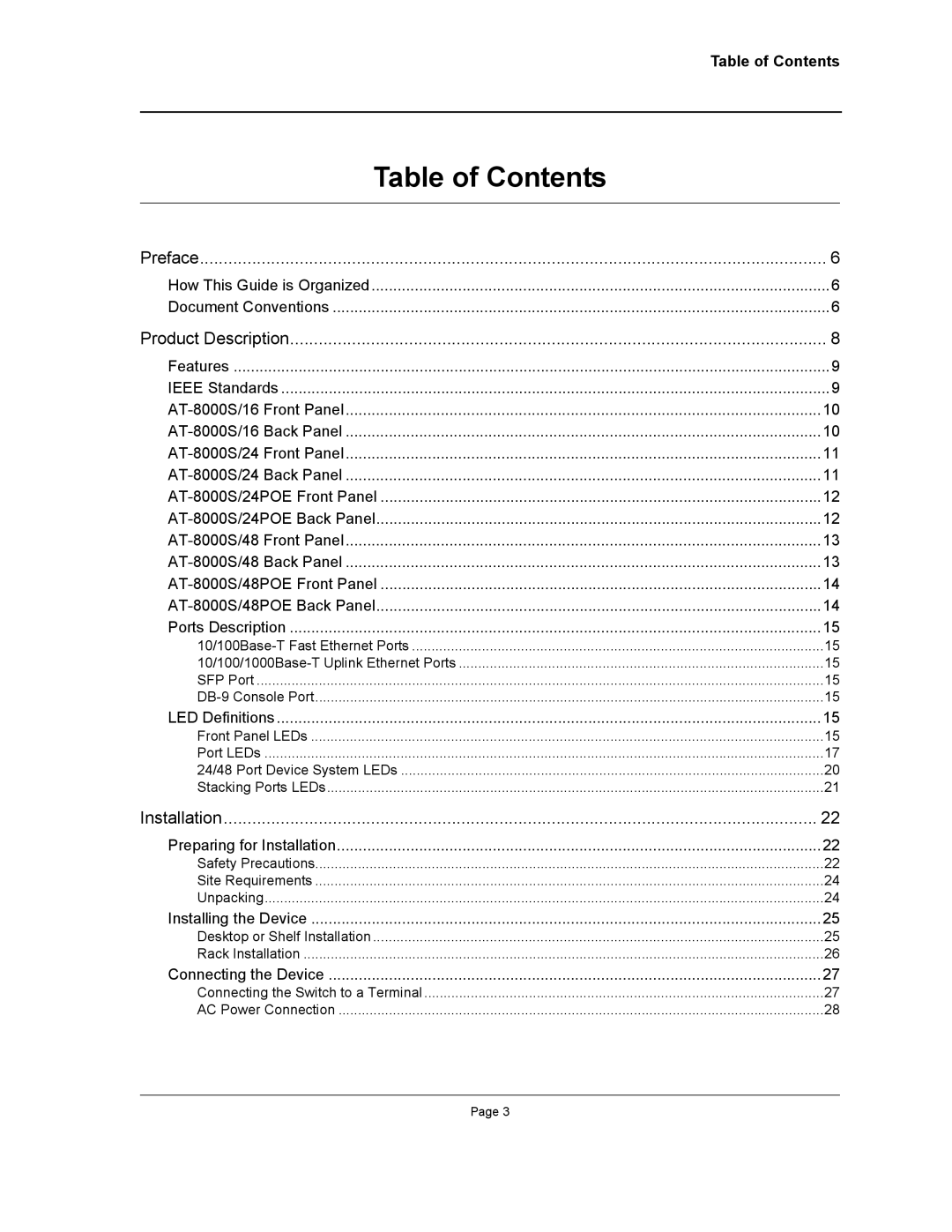 Allied Telesis AT-8000S manual Table of Contents 