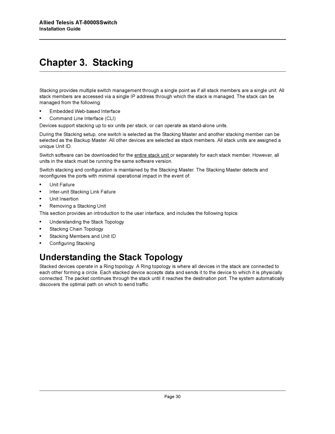 Allied Telesis AT-8000S manual Stacking, Understanding the Stack Topology 