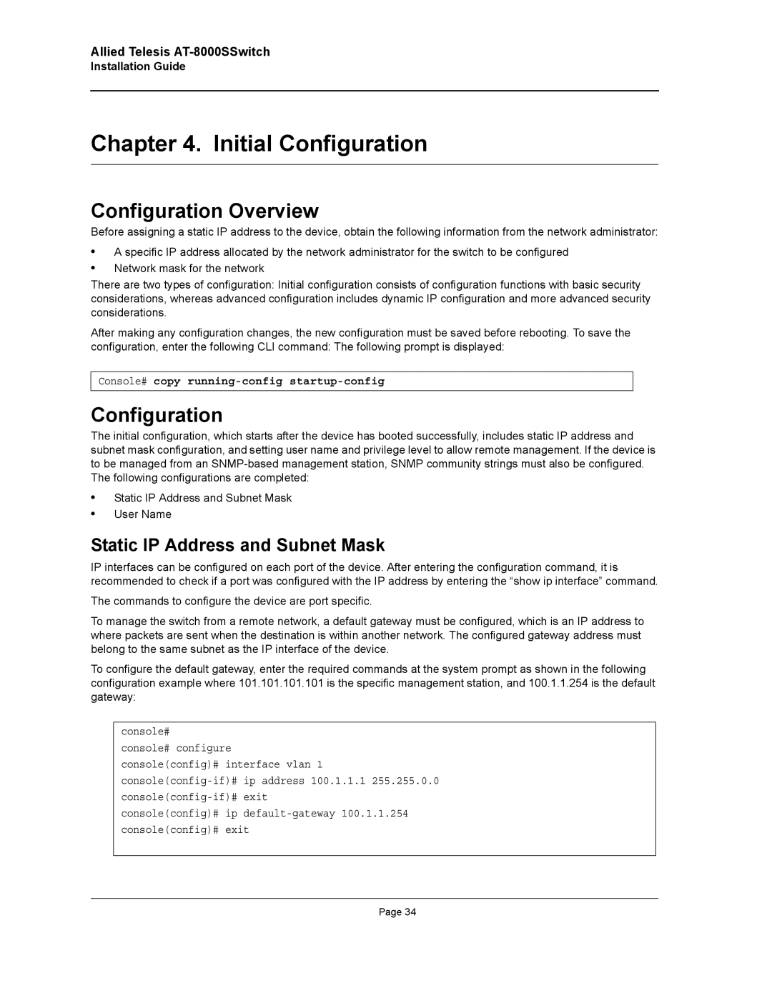 Allied Telesis AT-8000S manual Initial Configuration, Configuration Overview, Static IP Address and Subnet Mask 