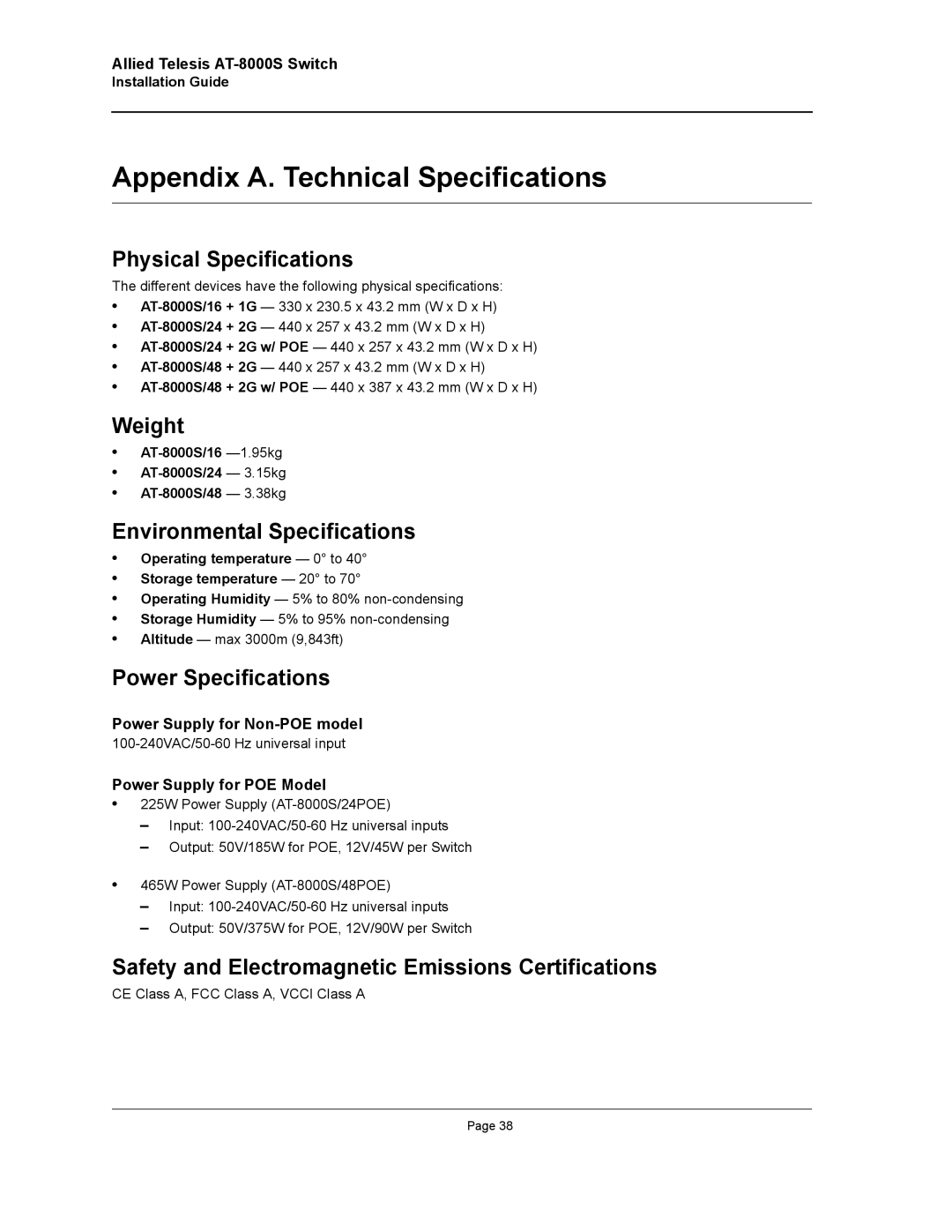 Allied Telesis AT-8000S manual Appendix A. Technical Specifications 