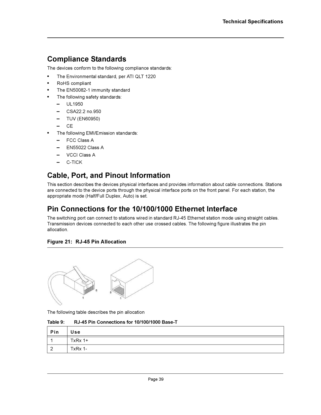 Allied Telesis AT-8000S manual Compliance Standards, Cable, Port, and Pinout Information, Technical Specifications 