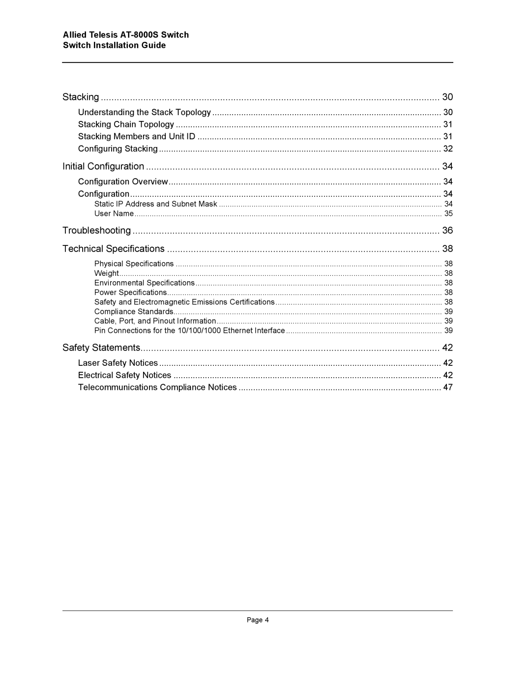 Allied Telesis manual Stacking, Allied Telesis AT-8000S Switch Switch Installation Guide 