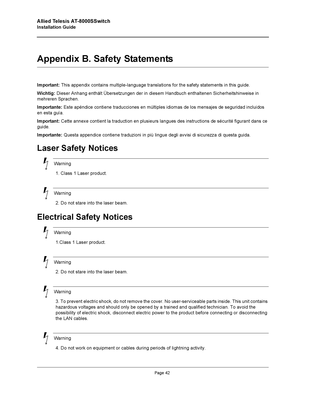 Allied Telesis AT-8000S manual Appendix B. Safety Statements, Laser Safety Notices, Electrical Safety Notices 