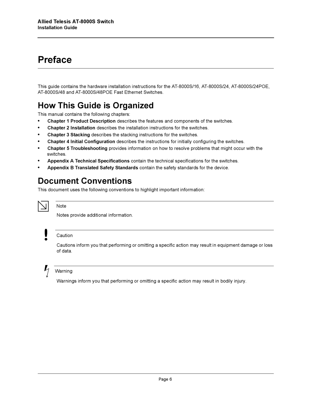 Allied Telesis manual Preface, How This Guide is Organized, Document Conventions, Allied Telesis AT-8000S Switch 