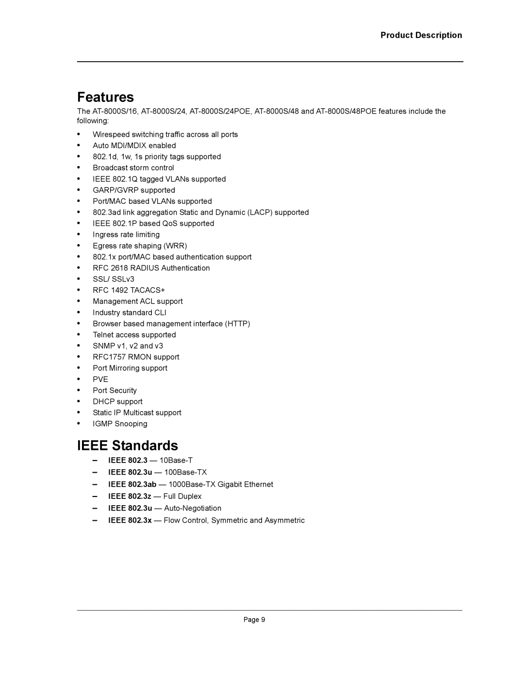 Allied Telesis AT-8000S manual Features, Ieee Standards, Product Description, Ieee 802.3 10Base-T Ieee 802.3u 100Base-TX 