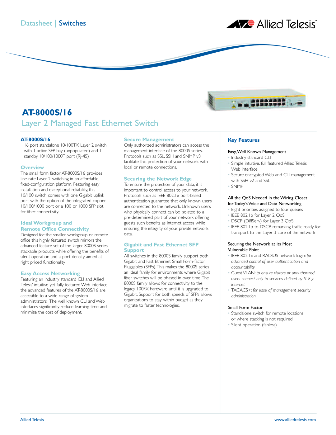 Allied Telesis AT-8000S/16 manual Layer 2 Managed Fast Ethernet Switch, Overview, Easy Access Networking, Key Features 