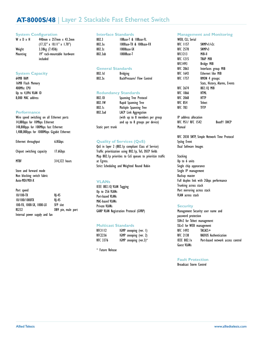 Allied Telesis AT-8000S/48 manual System Configuration Interface Standards, General Standards, System Capacity, Performance 