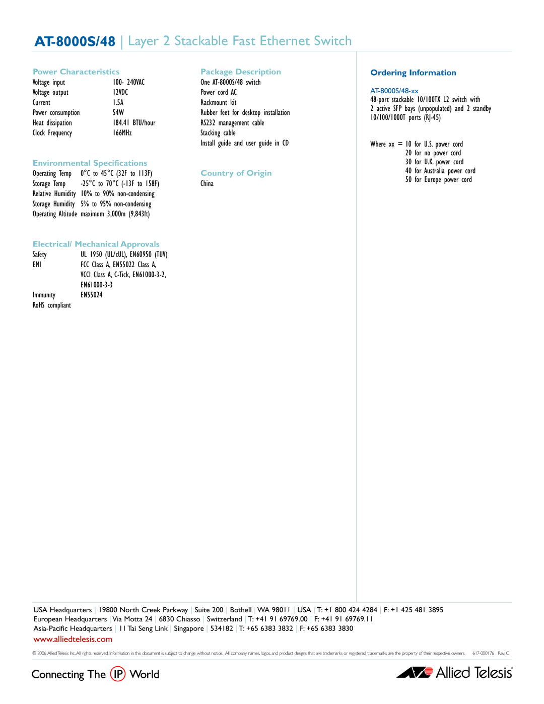 Allied Telesis AT-8000S/48 Power Characteristics Package Description, Environmental Specifications, Country of Origin 