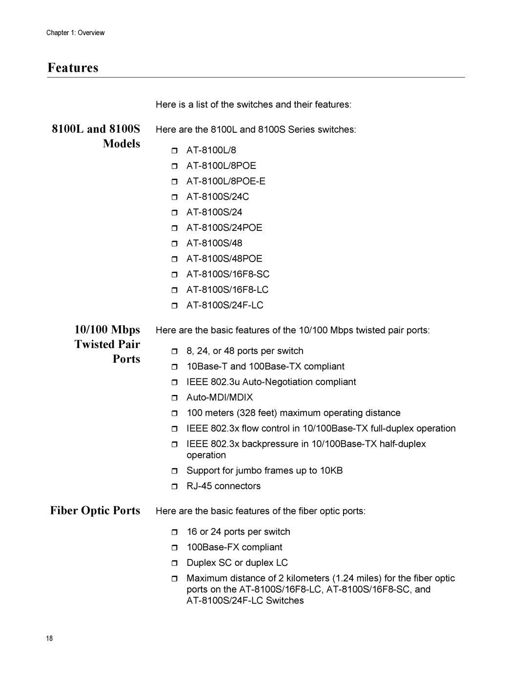 Allied Telesis AT-8100S/48, AT-8100L/8POE-E manual Features, 10/100 Mbps Twisted Pair Ports, 8100L and 8100S Models 