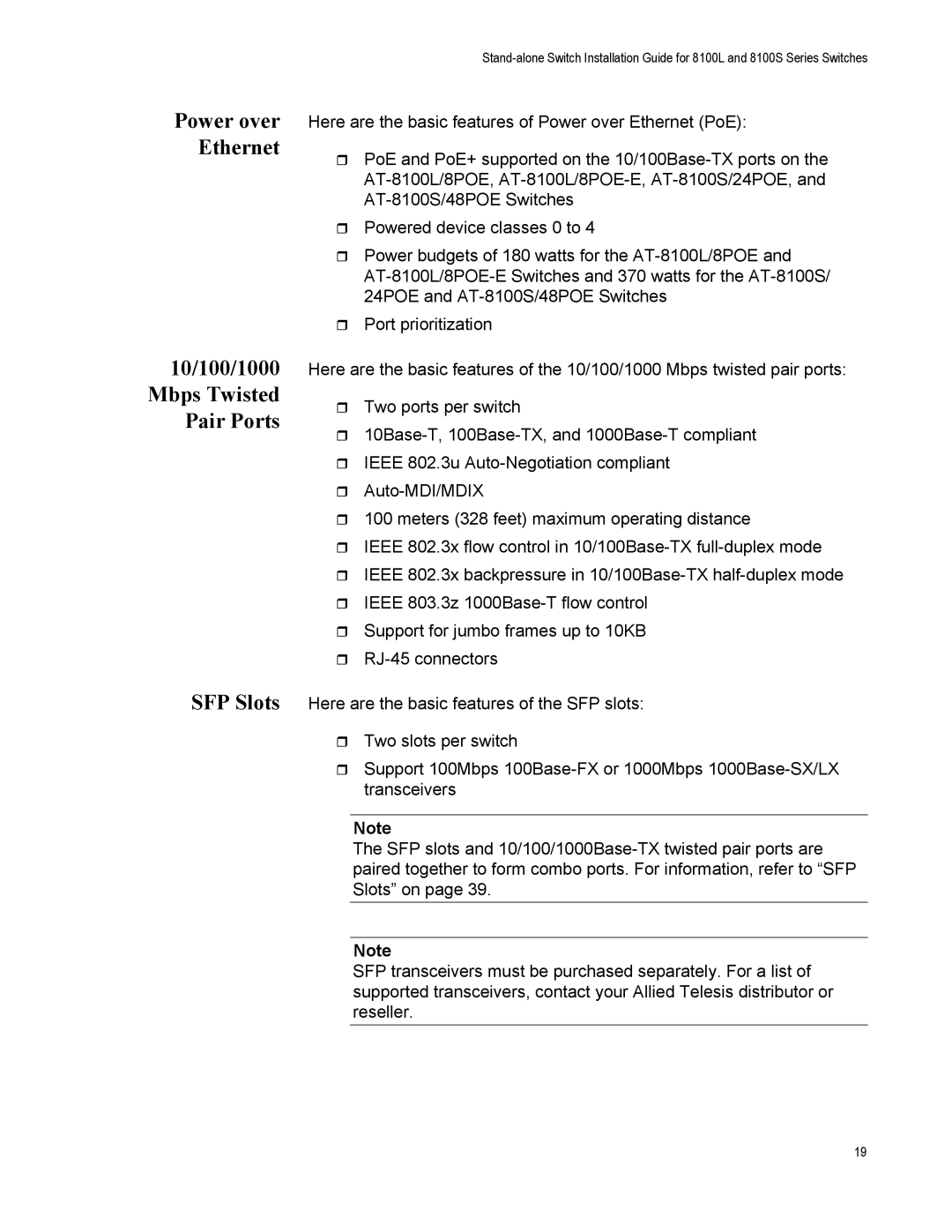 Allied Telesis AT-8100S/48POE, AT-8100L/8POE manual 10/100/1000 Mbps Twisted Pair Ports SFP Slots, Power over Ethernet 