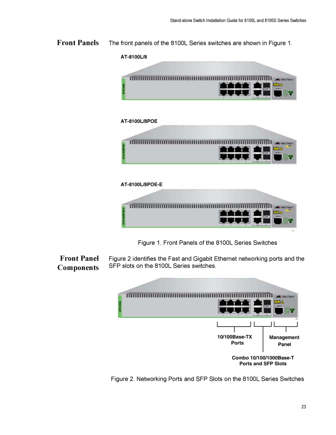 Allied Telesis AT-8100L/8POE, AT-8100S/48POE manual Front Panel Components, Front Panels of the 8100L Series Switches 