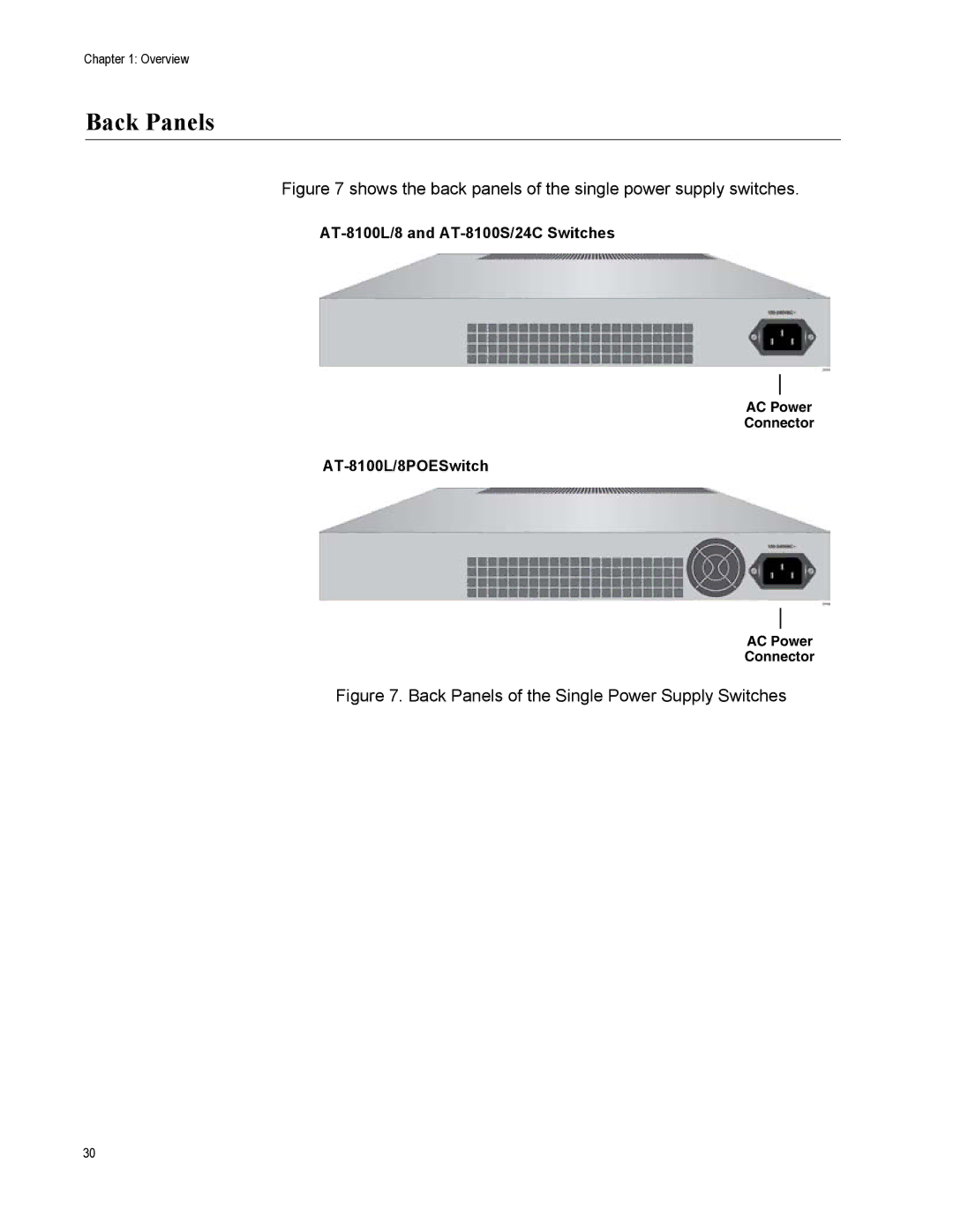 Allied Telesis AT-8100L/8POE-E, AT-8100S/48POE manual Back Panels, AT-8100L/8POESwitch 