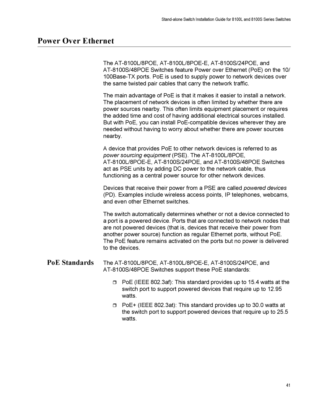 Allied Telesis AT-8100L/8POE-E, AT-8100S/48POE manual Power Over Ethernet 